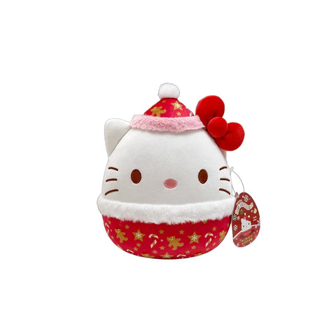 Cute Hello Kitty plush toy wearing a red holiday hat and festive Christmas-themed outfit