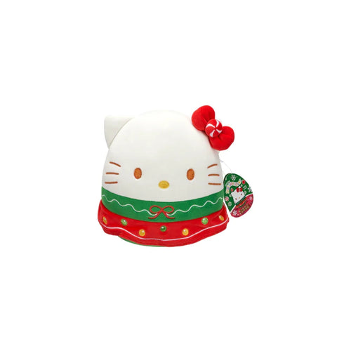 Cute Hello Kitty plush toy in festive red and green holiday outfit with bow, isolated on white