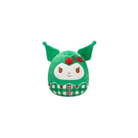 Green plush toy with long ears, checkered base, and festive red details, collectible toy