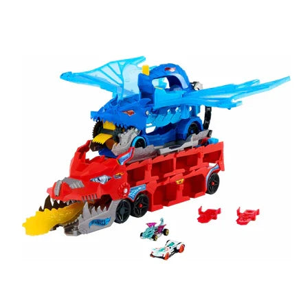 Colorful dragon-themed toy hauler truck with detachable cars and bold blue wings, toy set