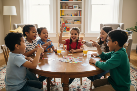 Children playing a board game around a wooden table in a living room.