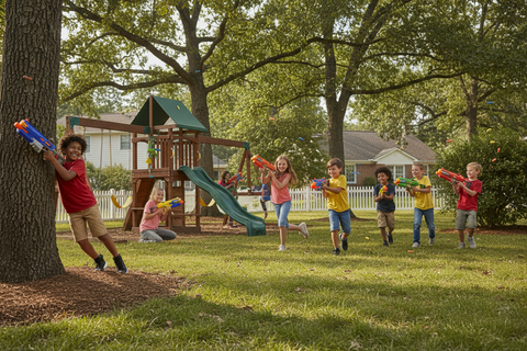 Children playing with water guns in a park with a wooden playset in the background.