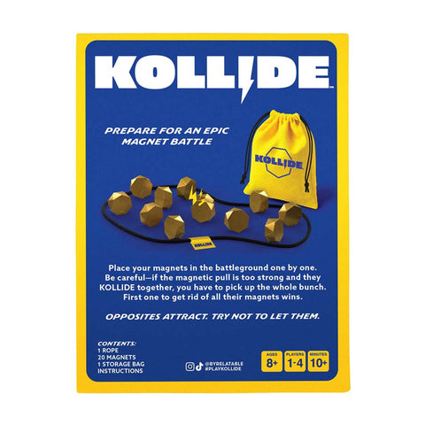 Kollide magnetic battle game packaging with magnets and storage bag on a blue background