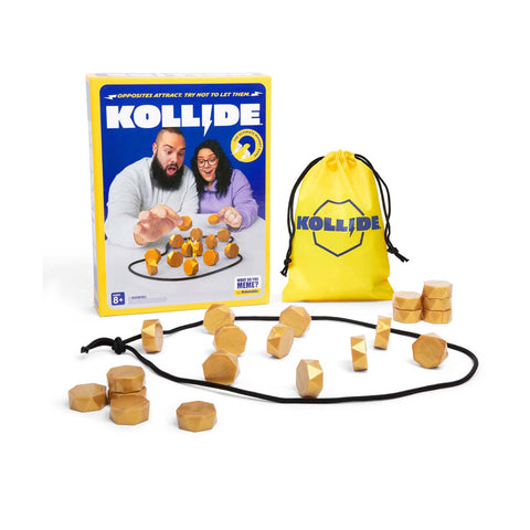 Kollide game set with packaging, wooden pieces, and drawstring bag on a white background