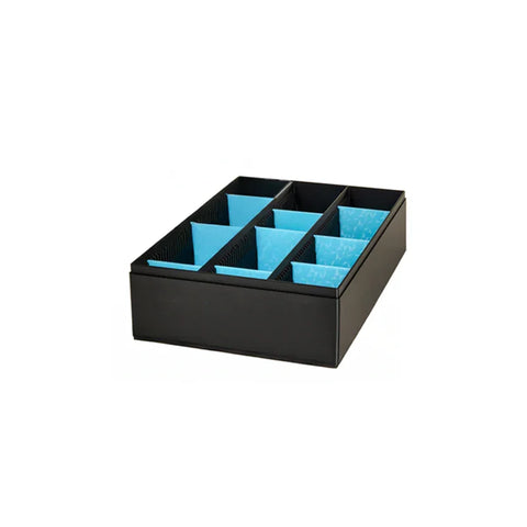 Black game card storage box with blue dividers, ideal for organizing board game cards.