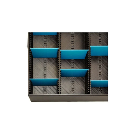 Modular board game organizer tray with blue adjustable dividers for card and token storage