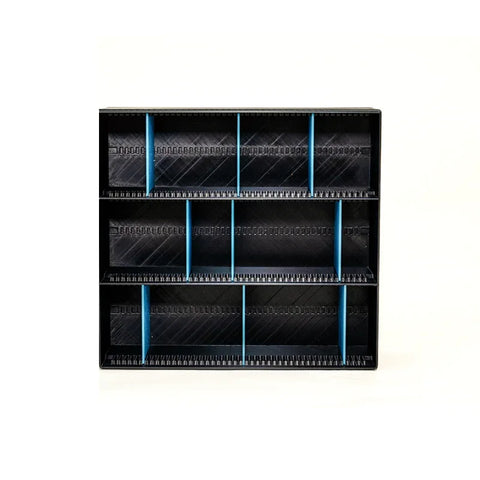 Black plastic modular organizer shelf with blue dividers for games or toy storage