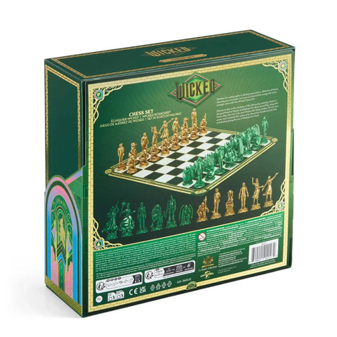 Wicked chess set packaging back showing gold and green themed chess pieces and board.