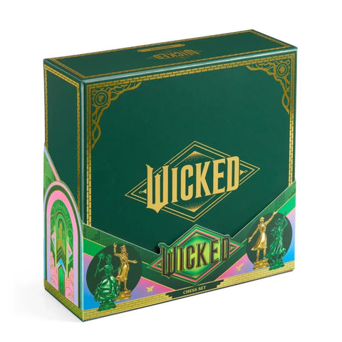 Wicked chess set packaging with gold lettering, green box, and illustrated chess pieces