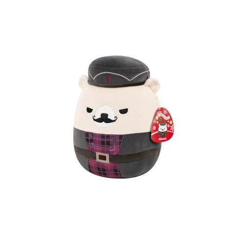 Plush bear nutcracker toy with mustache, plaid vest, and hat, collectible stuffed animal