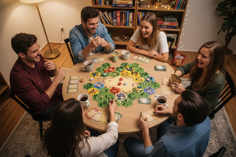Group of friends playing a board game together at a table in a cozy room.