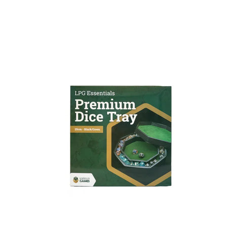 LPG Essentials premium dice tray in black and green, octagonal with dice displayed on box.