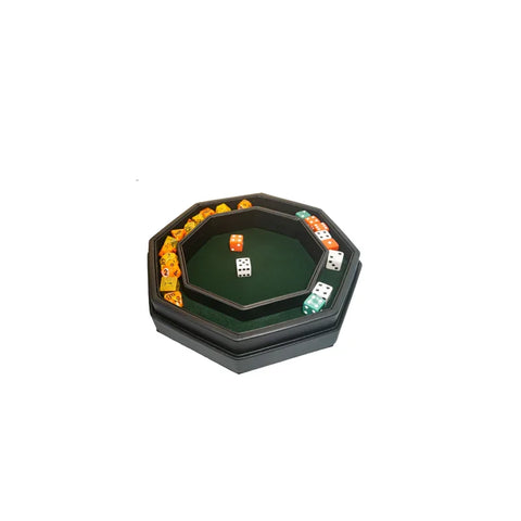 Octagonal premium dice tray with assorted dice on green felt surface