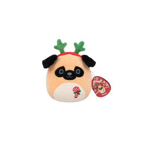 Cute pug plush toy with green antlers, red collar, and candy cane patch, collectible stuffed animal