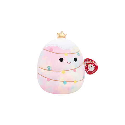 Plush rainbow Christmas tree toy with a smiling face, star topper, and colorful ornaments
