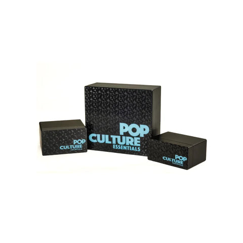 Pop Culture Essentials trivia card game in black patterned boxes, collectible games and toys