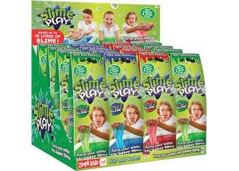 Slime Play display box with kids playing and packets of colorful slime mix for sensory play.