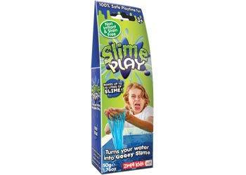 Slime Play toy packaging with child playing with blue gooey slime, safe and mess-free.