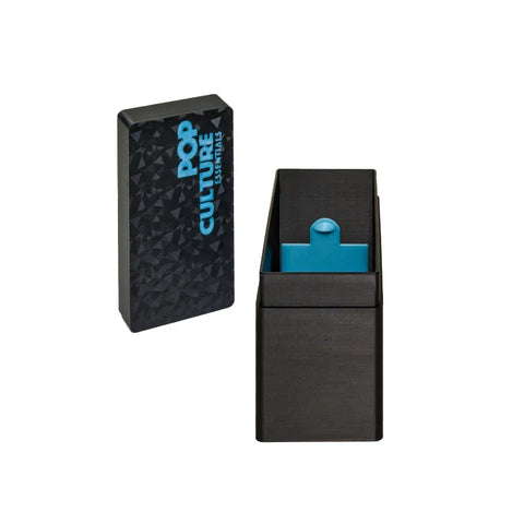 Pop Culture Essentials card game box with geometric black design and blue insert