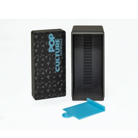Pop Culture Essentials card game box with open black case and blue card divider