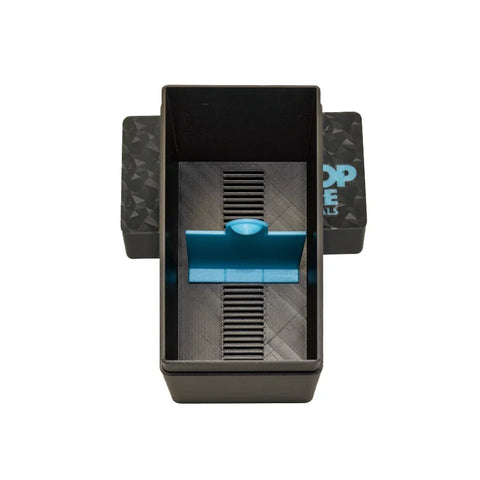 Black plastic card shuffler toy with blue slider for tabletop games
