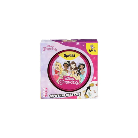 Disney Princess Spot It card game box with princess characters on pink background.
