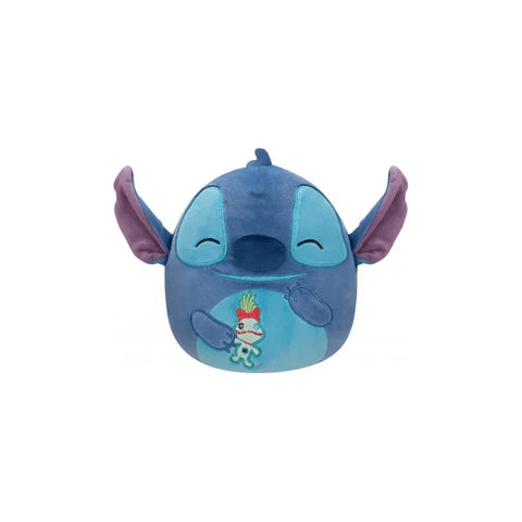 Blue plush toy with large ears and embroidered cartoon character on belly, collectible kids toy