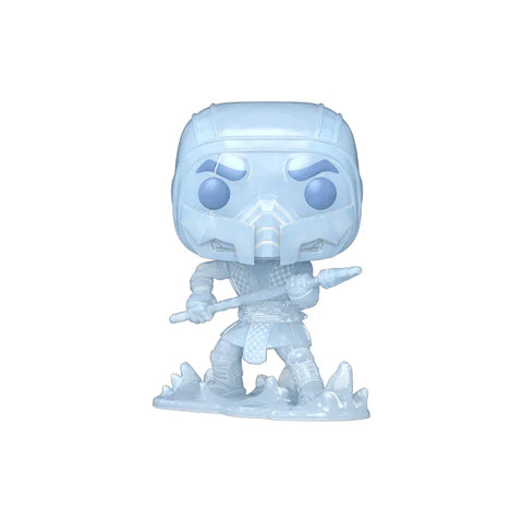 Icy blue ninja vinyl figure holding a spear on ice base, collectible toy for gamers