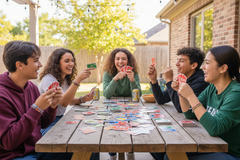 Group of friends playing card games outdoors at a wooden table.