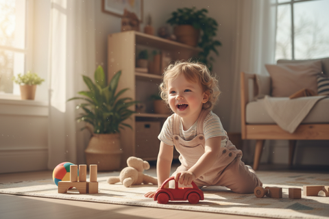 Child playing with toys on a rug in a cozy living room