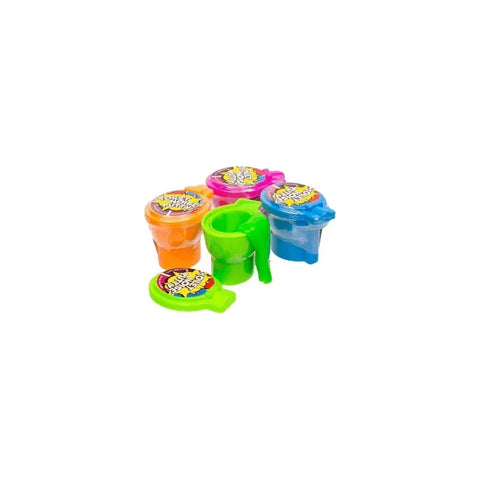Colorful toilet-shaped putty slime toys in orange, green, pink, and blue containers