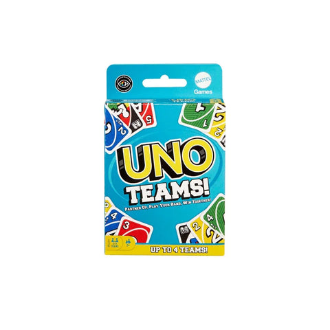 UNO Teams card game box, blue packaging, team play, up to four teams, family party game