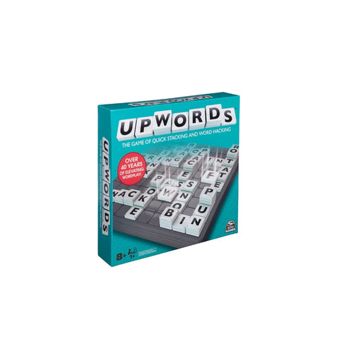 Upwords word board game box with letter tiles for ages 8 and up