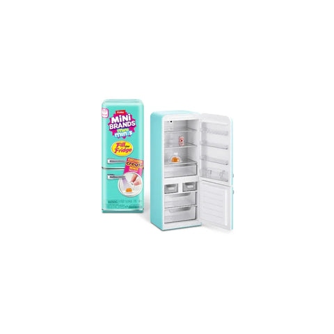 Mini Brands Fill the Fridge Series 1 toy set with open blue mini fridge and packaging.