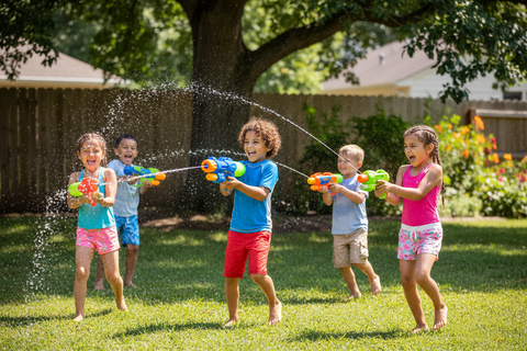 Children playing with water guns in a backyard