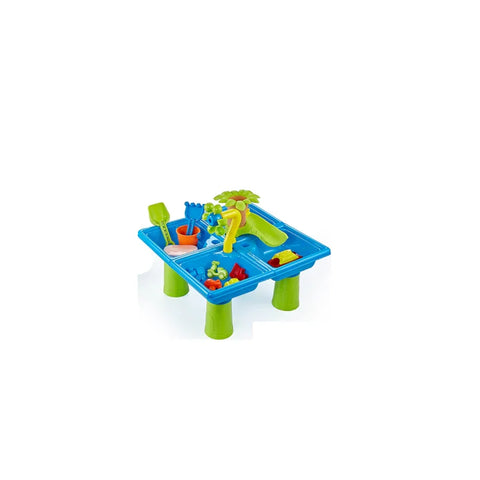 Kids blue water play table with green legs, toy accessories and sand tools