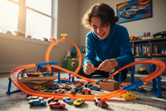 Child playing with a toy car track set in a room with toys and books in the background.