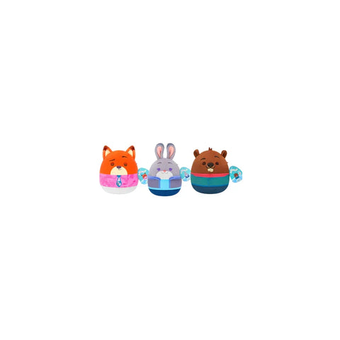 Zootopia plush toys set featuring fox, bunny, and bear characters on white background